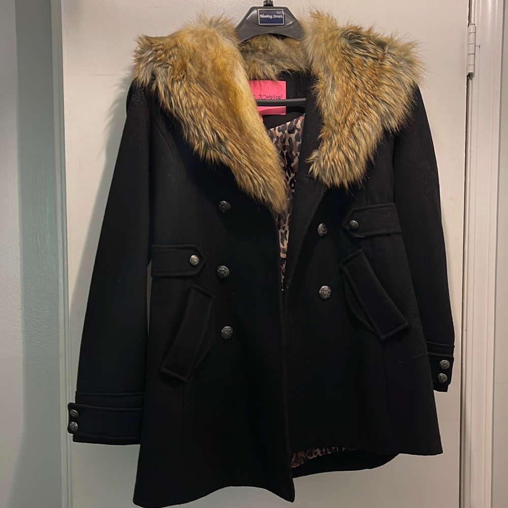 Betsy Johnson Black Pea Coat with Fur Collar